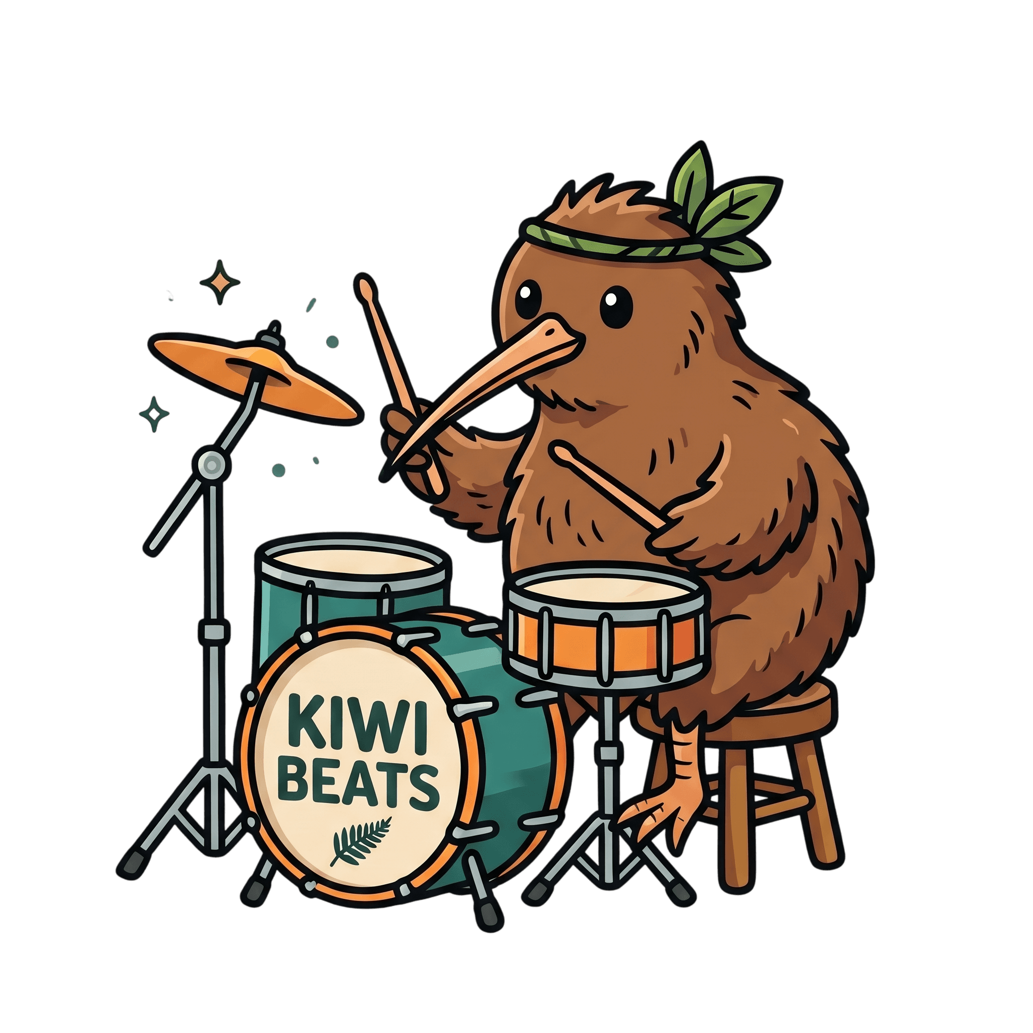 KitKiwi mascot — a kiwi bird playing drums